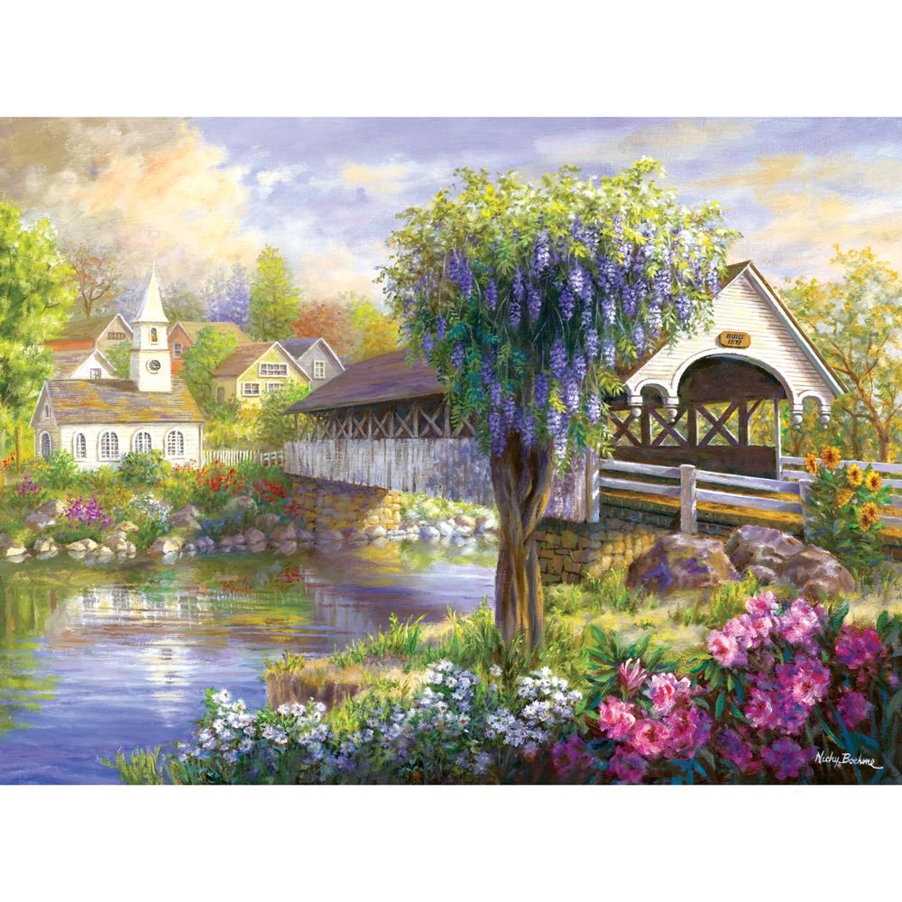 Bits and Pieces - 1000 Piece Jigsaw Puzzle for Adults - Picturesque Covered Bridge - 1000 pc Flowers by The Lake Jigsaw by Artist Nicky Boehme