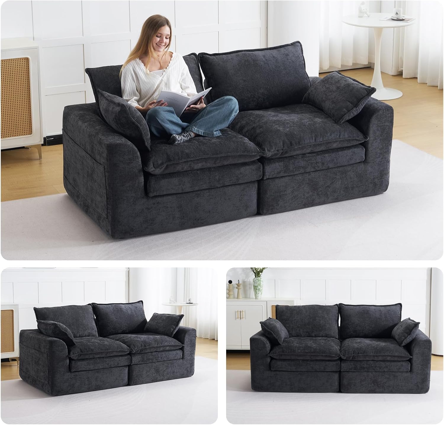 80" Loveseat Sofa,Cloud Sectional Couch for Living Room,Modern Modular Sectional Sofa Boneless Couch with Throw Pillows,Side Pockets,No Assembly Required,Chenille,Black