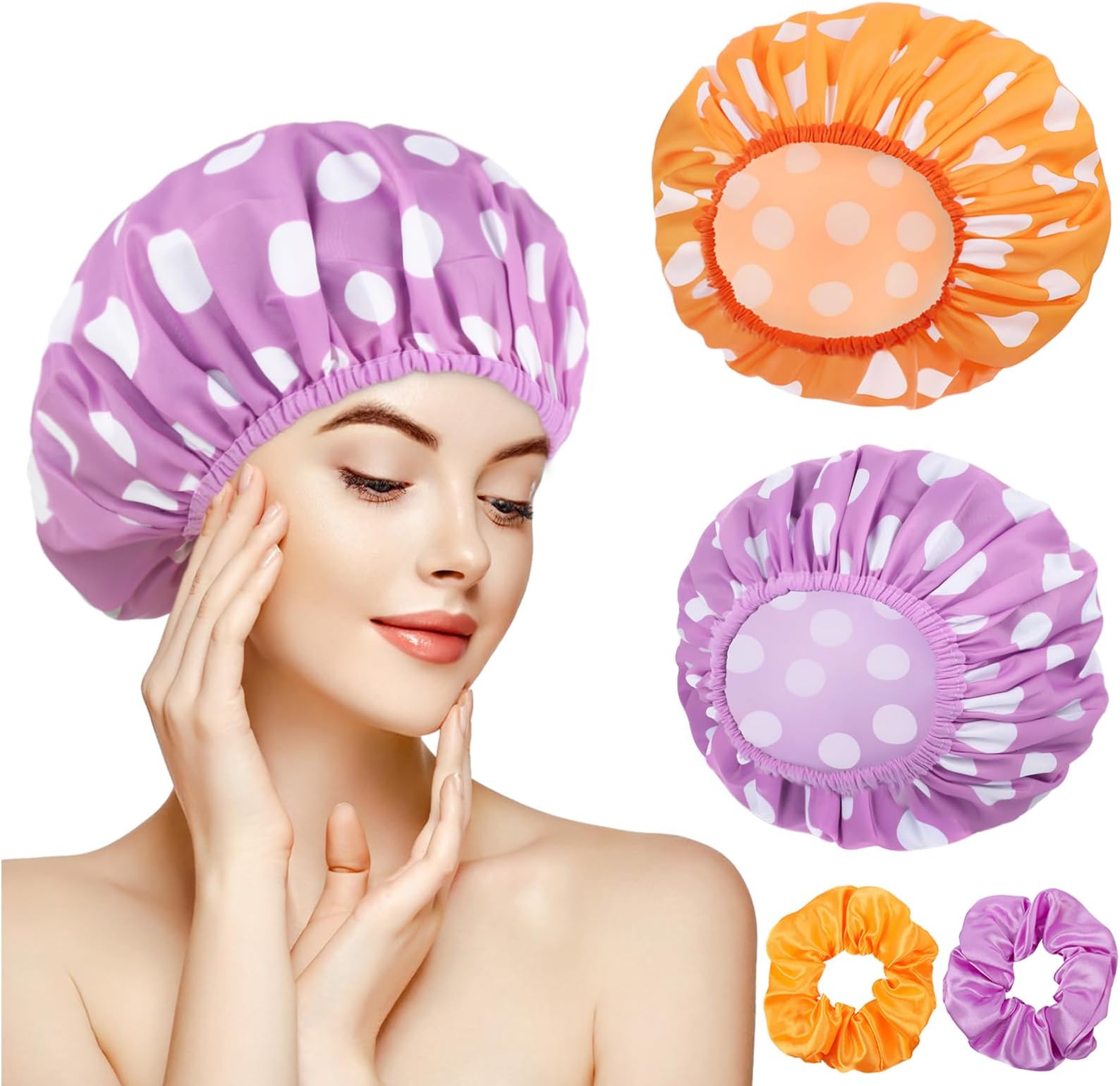 WSICSE 2 Packs Large Shower Caps for Women, Reusable Waterproof Shower Cap Bath Caps with Hair Scrunchies for Long Thick Hair (Purple/Orange)