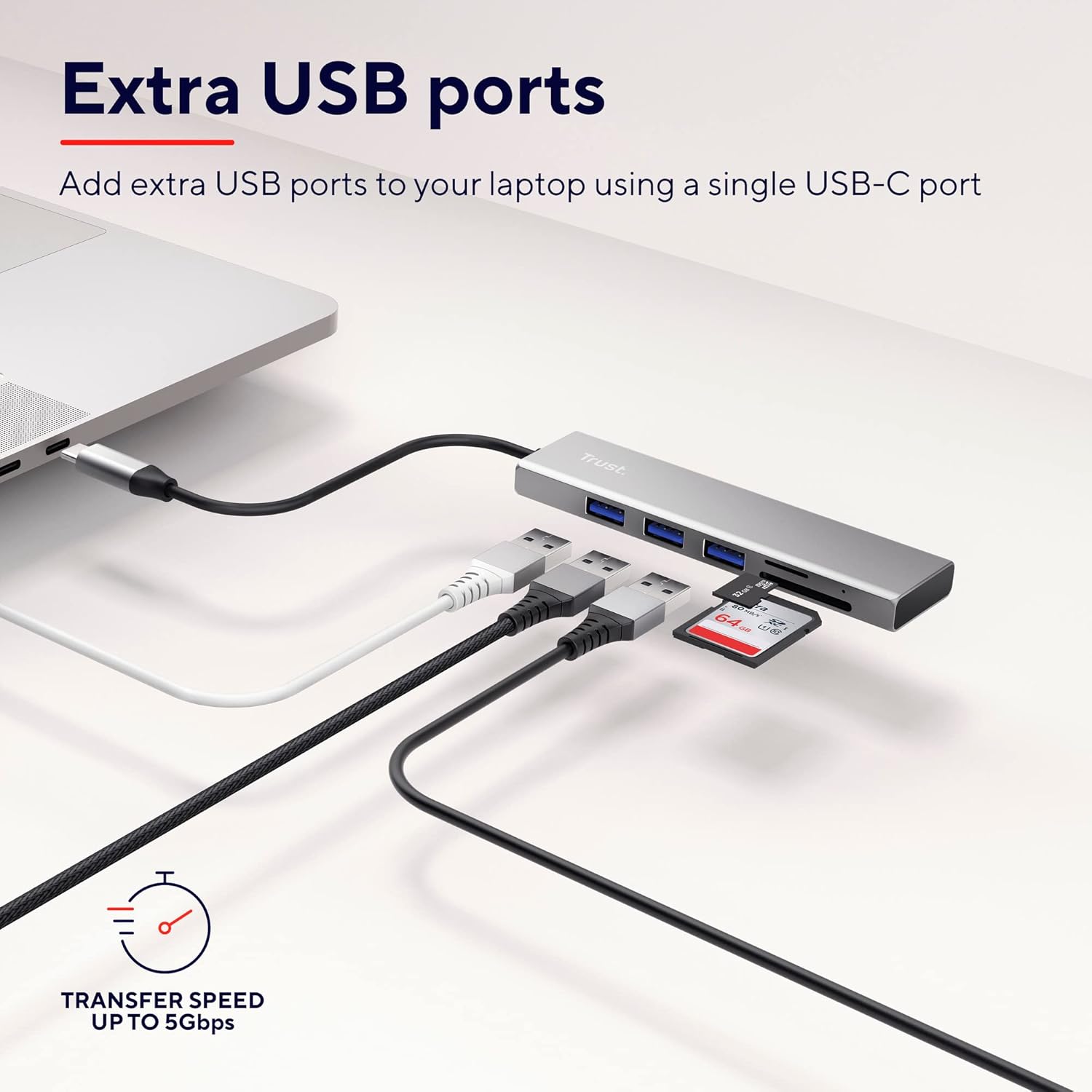 Trust 24191 Halyx Fast USB-C Hub and Card Reader, 3 Extra Ports, 5Gbps with USB 3.2 Gen 1, SD and Micro-SD Card Reader 104 MB/s, (Micro) SD, SDHC and SDXC up to 2 TB