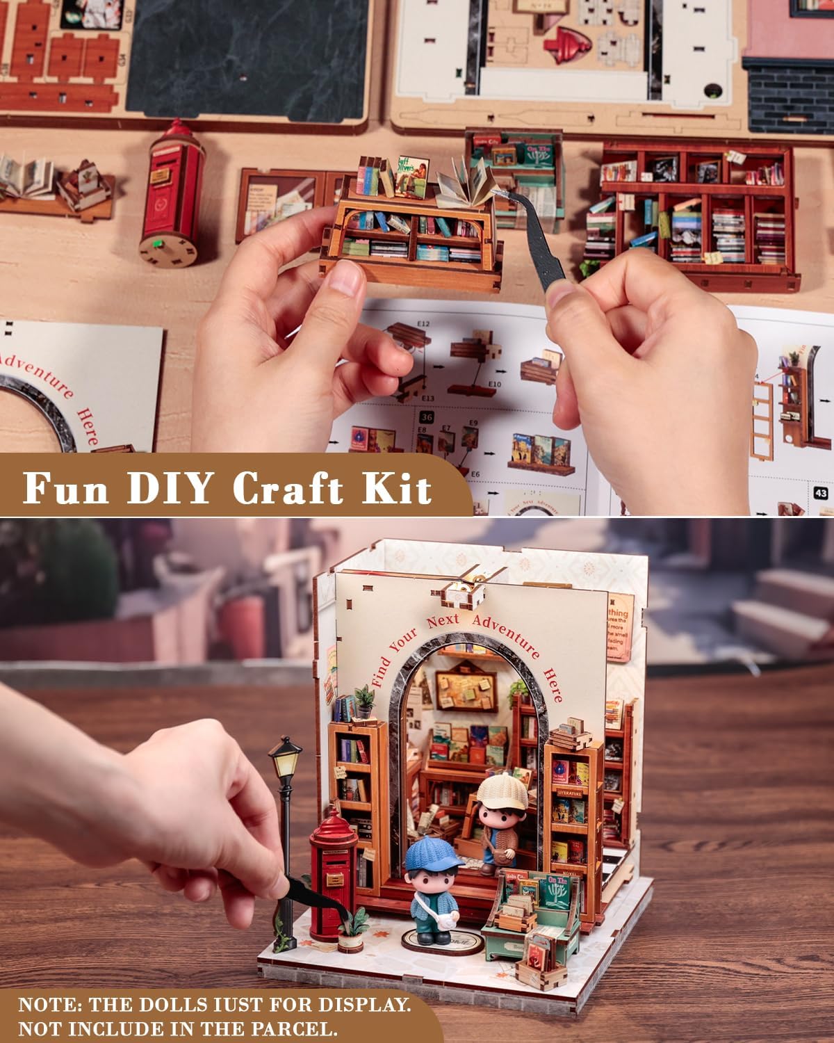 Hands assembling small wooden pieces of the book nook kit, demonstrating the detailed crafting process.