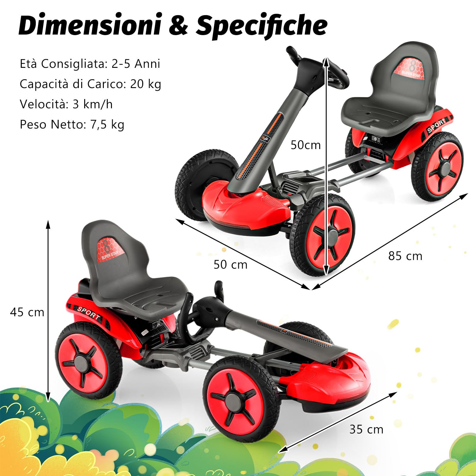 COSTWAY 12V Go Kart Elettrico per Bambini, Go Kart Pieghevole con Portabicchiere, Volante e Sedile Regolabili e Funziona Lento Avvio, per Bambini 2-5 Anni (Rosso)