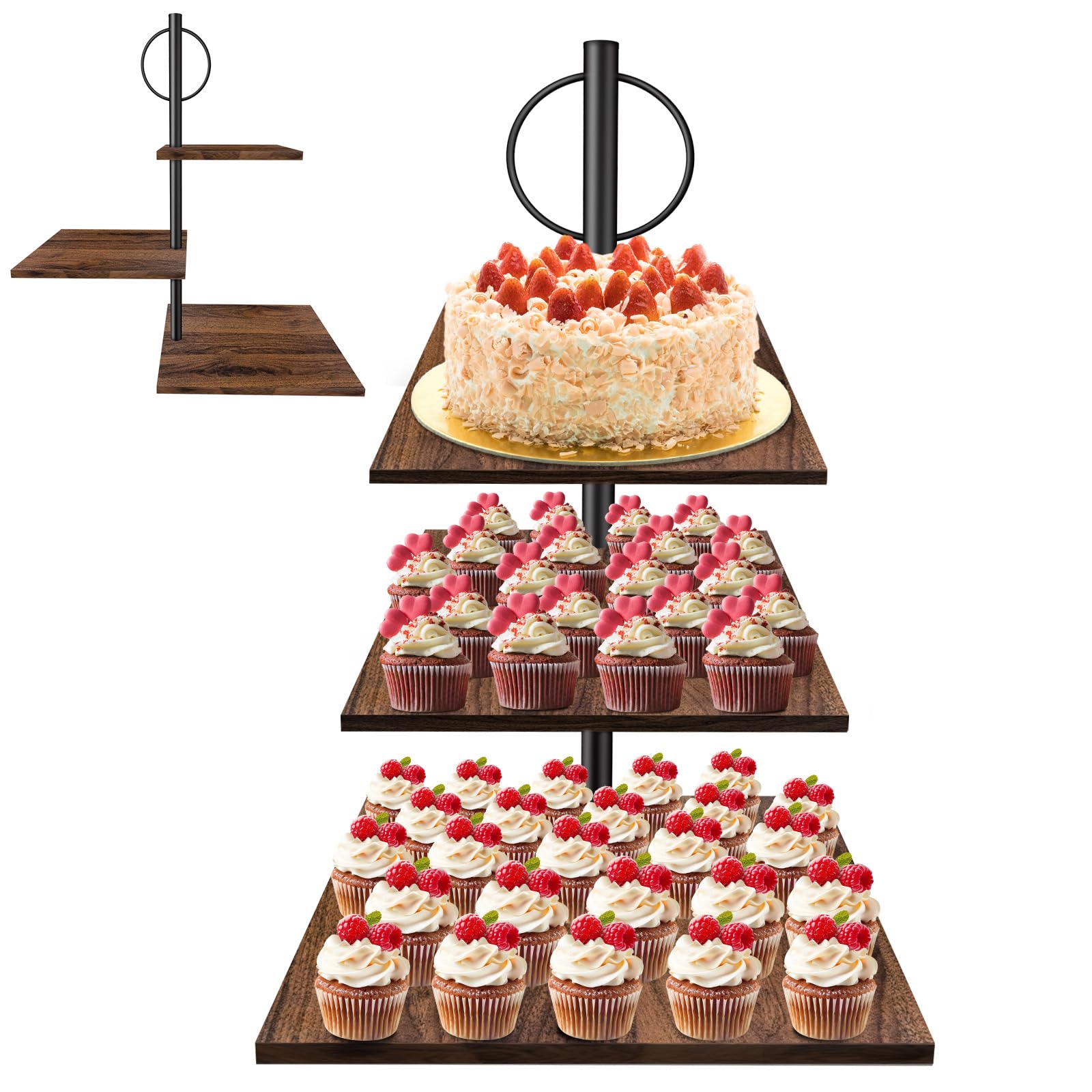 Présentoir à Gâteaux, Présentoir à Cupcakes en Bois Rétro, Multi-usages Support a Gateau en Carréepour Mariage, Anniversaire, Fête d'anniversaire, Buffet Evenement (3 Étages-carrée)