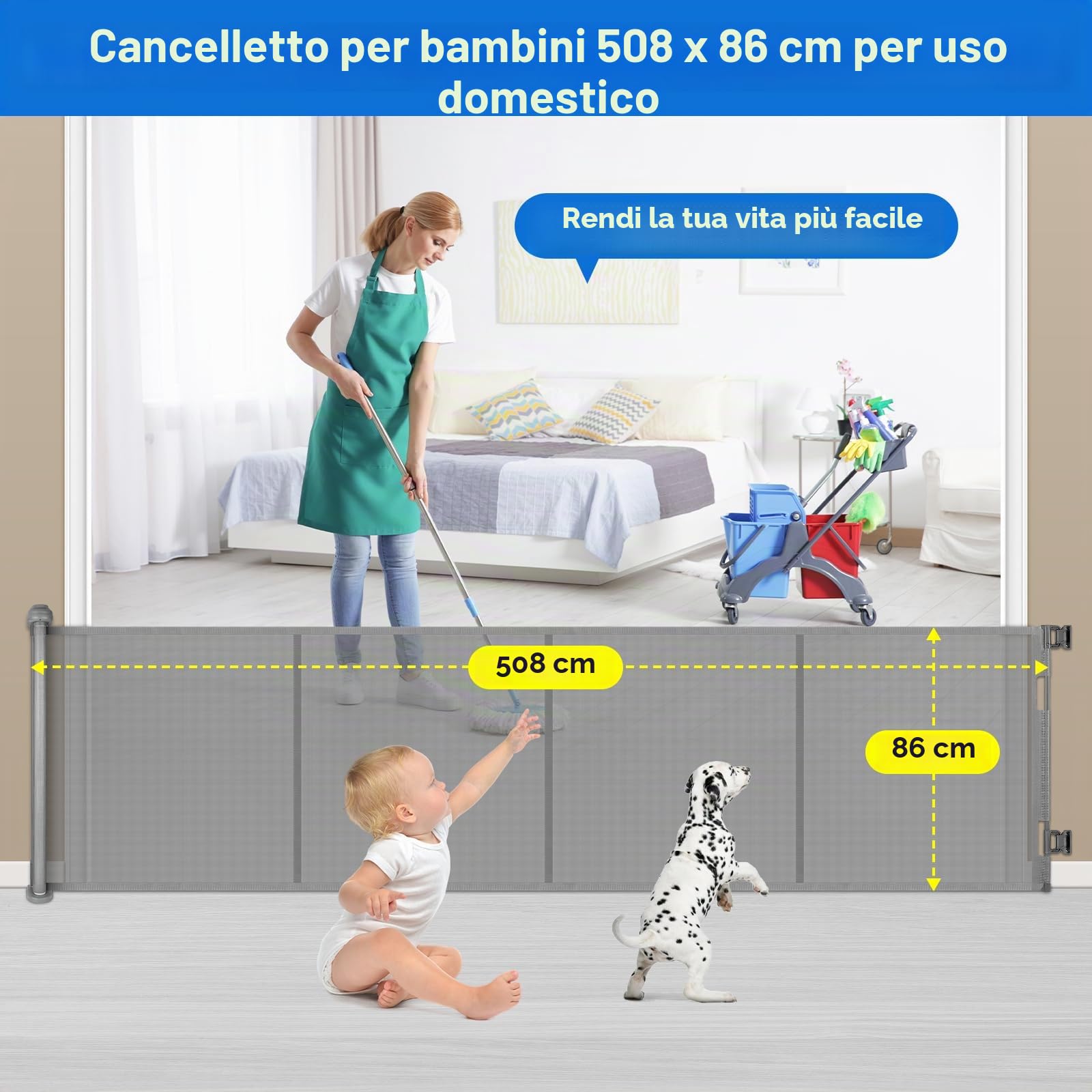 Cancelletto di Sicurezza Retrattile per Bambini, 0-500 cm (Grigio) | Cancelletto Estensibile per Bambini Scale e Corridoi Interni ed Esterni Cancello per Cani