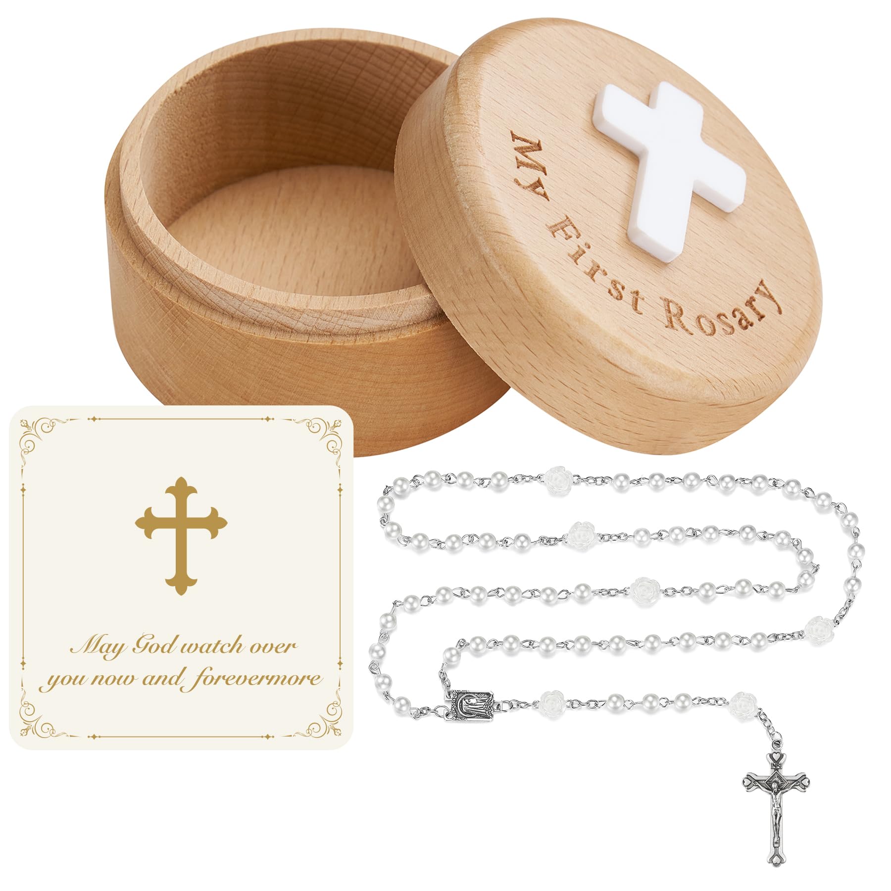 NORBU Baptism Gifts for Girl, My First Rosary with Ceramic Keepsake Box