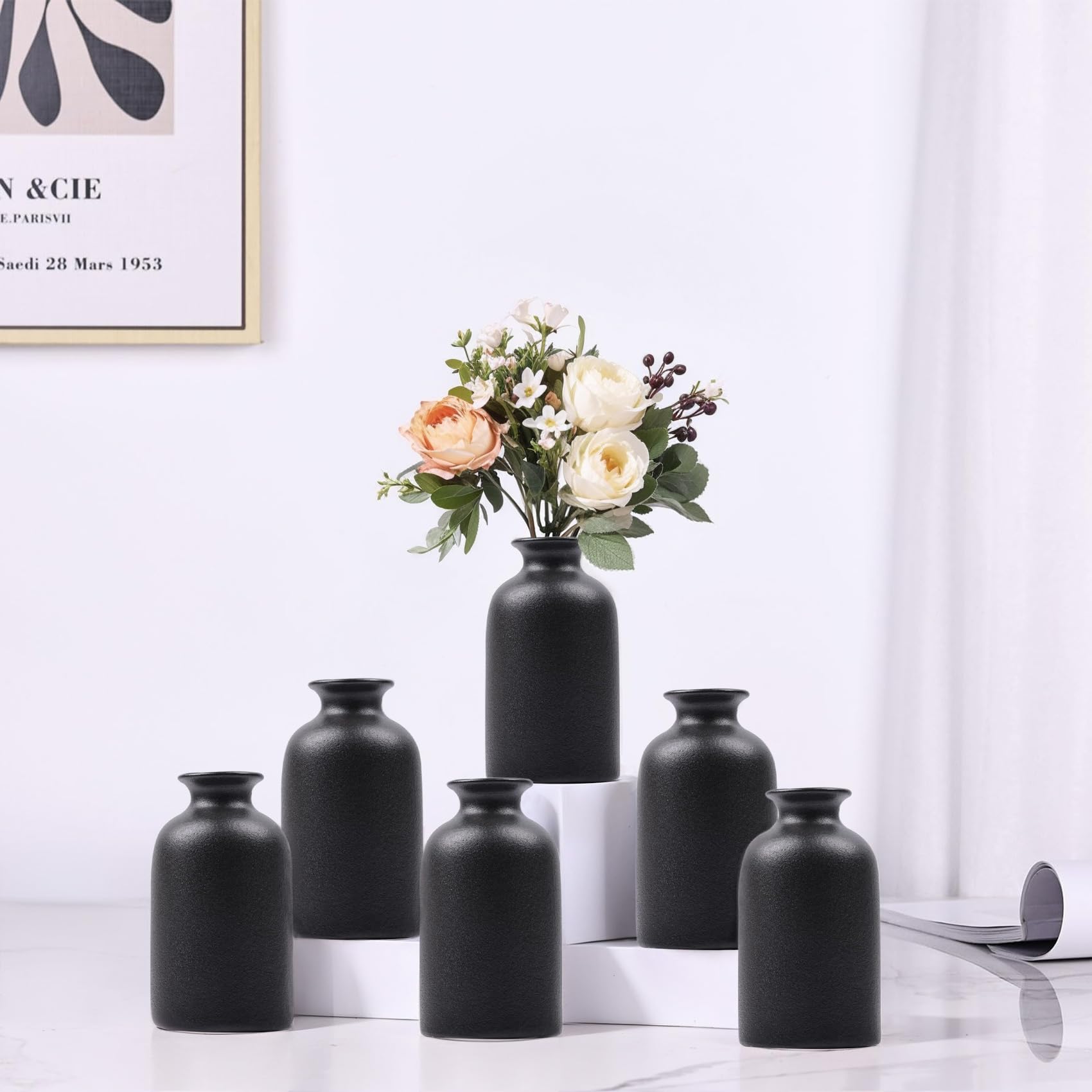 Kleine Quadratische Keramikvase Mit Knospen-Design – 18 Cm Hoch, Schwarz, Moderne Tischvase Für Einzelne Blumen
