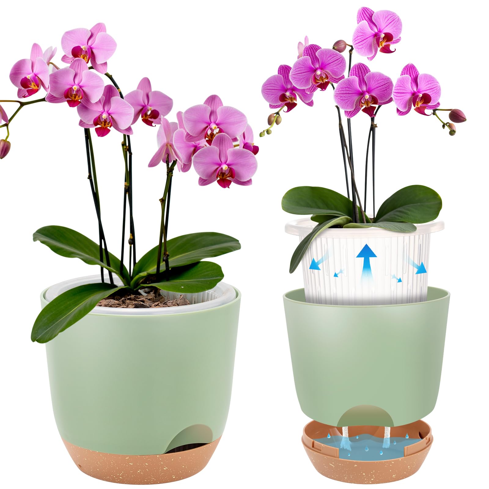 Macetas de riego automático de 7.2 pulgadas para plantas de interior con riego inferior, paquete de 2 macetas para exteriores con drenaje, macetas de plástico duradero (verde)