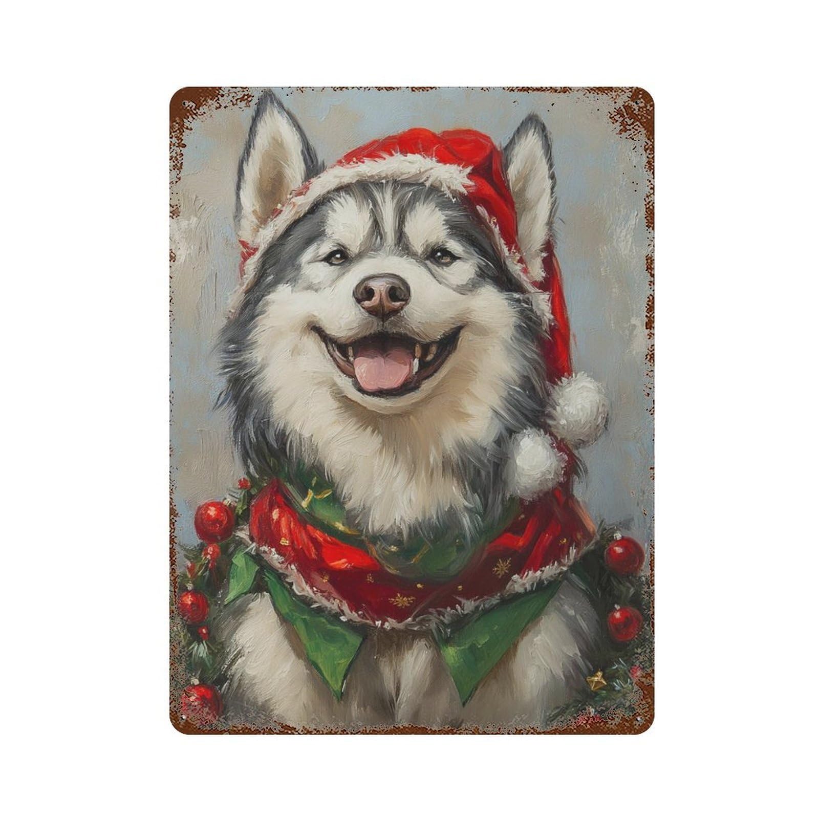 Christmas Husky with Santa Hat Rust Effect Tin Sign 15.7"x11.8", Vintage Wall Decor for Bistro, Counter And Cafe Decor