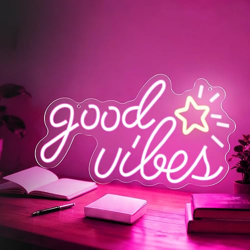 Letrero de neón Good Vibes, 16 x 8.6 pulgadas, letreros de neón para decoración de pared con interruptor regulable, alimentado por USB, luces de