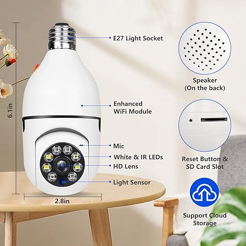 Miniatura 6 de Cámara de seguridad con bombilla 5G WiFi de doble banda, 360 grados 1080P inalámbrica para interiores a todo color, cámara domo inteligente con