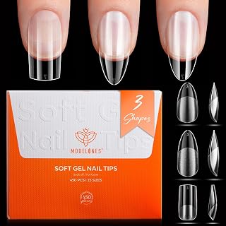 MODELONES 450Pcs Gel Nail Tips Set - Medium Almond, Short Almond & Short Square, Half Matte Full Cover, 15 Sizes DIY Extension Kit