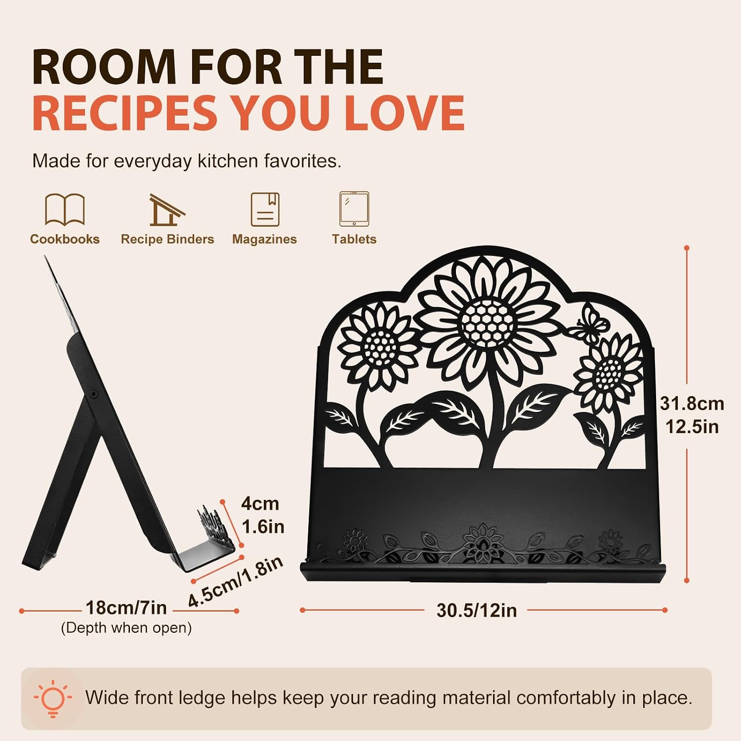 Sunflower Cookbook Stand for Kitchen Counter, Solid Metal Recipe Holder
