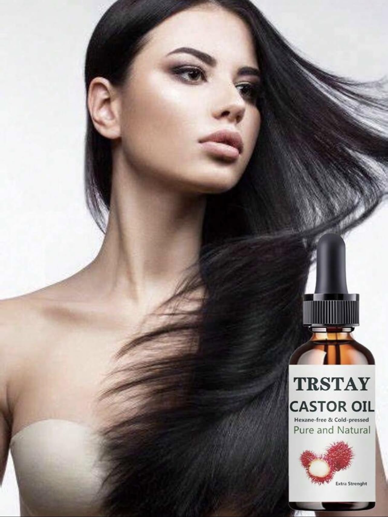 Person with long, shiny black hair, illustrating healthy hair