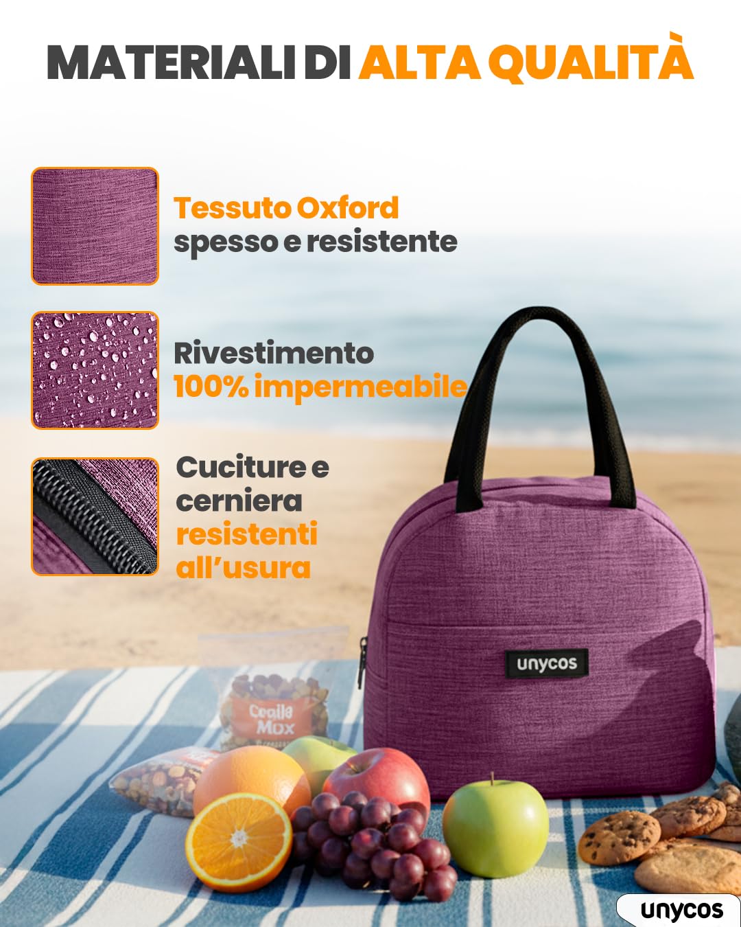 unycos - Borsa Termica 7L Manutenzione di Freddo e Caldo per Uomo/Donna/Bambino, Borsa Frigo Impermeabile Interno in Alluminio, Facile da Pulire, Lunch Box Leggera e Portatile (Viola)