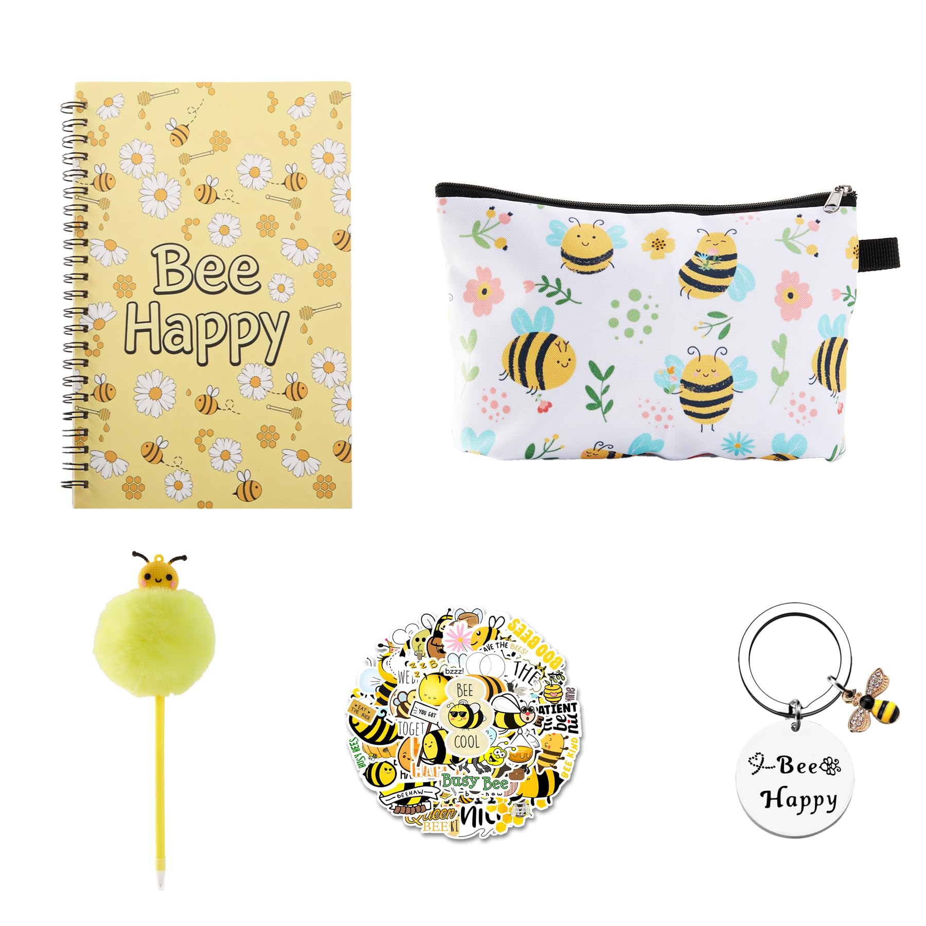 Wasise bee stationery - 5PCS bee gifts for women with Notebook, Pen, Keychain, Stickers and Makeup Bag, Perfect Notepad and Pen Gift Set, Positive Presents for Teacher, Back to School Gift