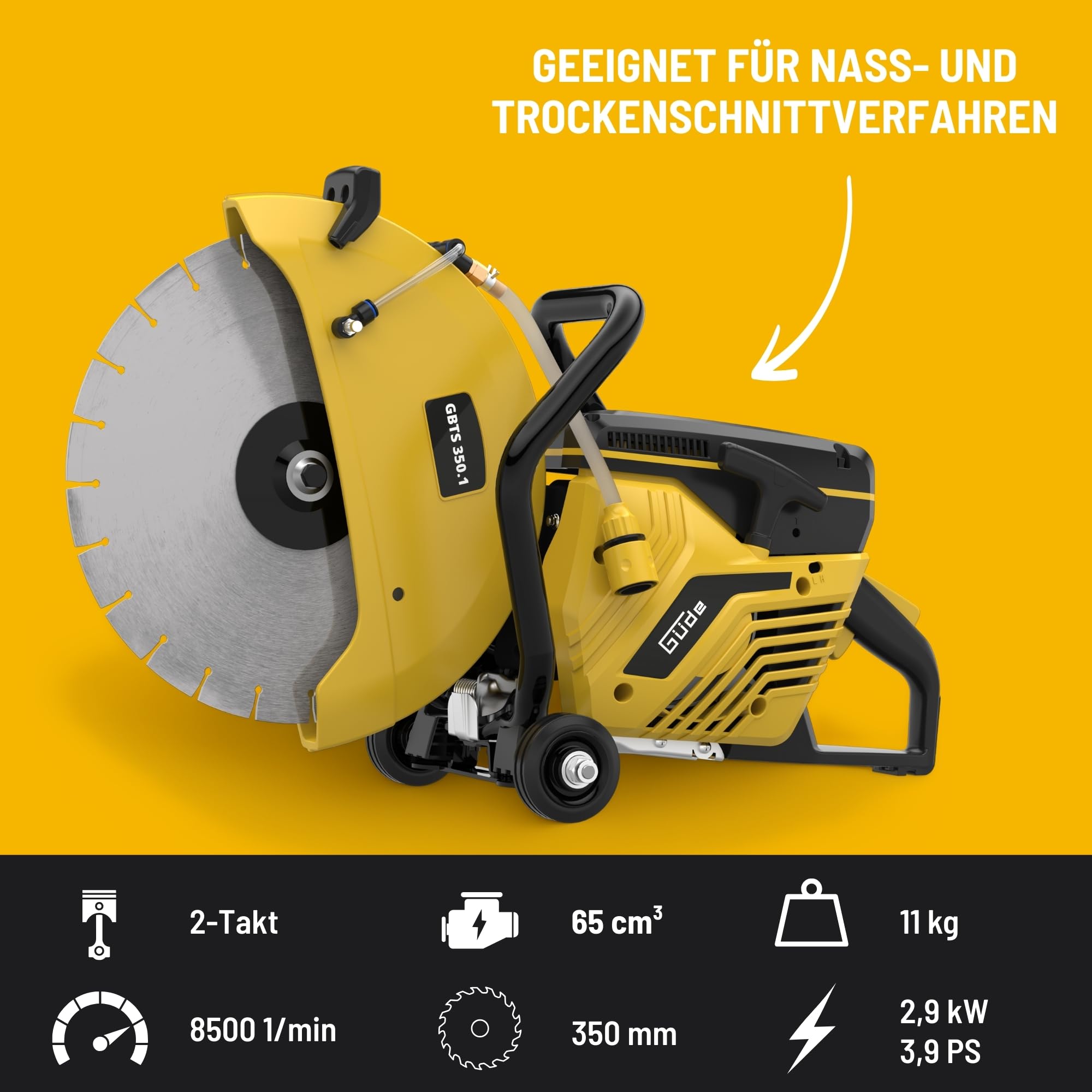 Güde GBTS 350.1 przecinarka do betonu (silnik 2-suwowy, 2,9/3,9 (kW/PS), skok 65 cm³, maks. głębokość cięcia 125 mm, średnica tarczy tnącej 350 mm, cięcie na mokro i na sucho, w zestawie tarcza
