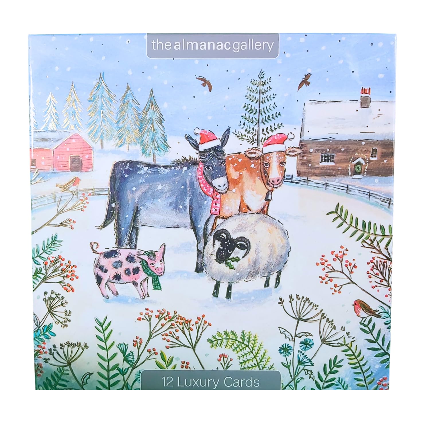 Box of 12 Almanac Farmyard Animals Christmas Cards in 3 Designs Boxed Xmas DELA0007, Gold, 16cm x 16cm