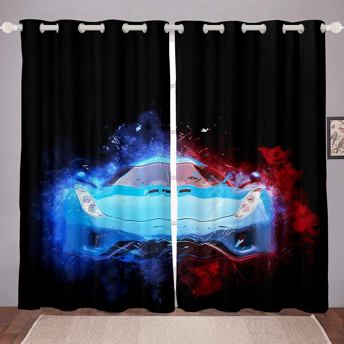 Car Curtains for Bedroom Blue Sports Car Room Curtain Kids Boys Teens Speed Extreme Sport Window Drapes Racing Car Pattern Window Treatments Set of Blue W46*L72