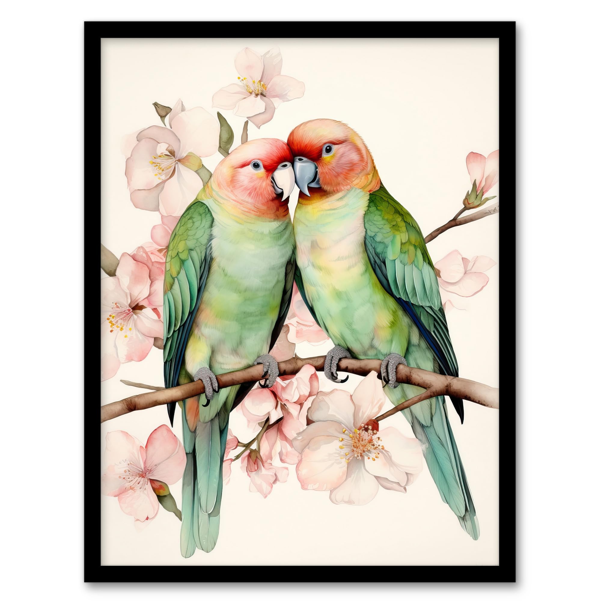 Artery8 Birds Of A Feather Love Birds Perched On A Cherry Bloom Artwork Framed Wall Art Print 18X24 Inch