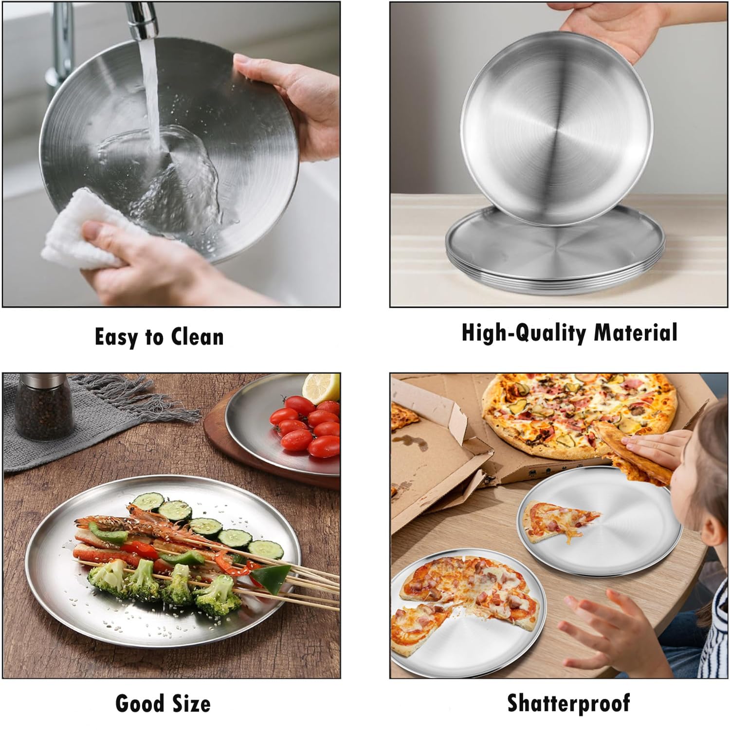 Set 4 Piatti In Acciaio Inox Da 20 Cm - Per Campeggio, Picnic, Barbecue, Doppio Strato