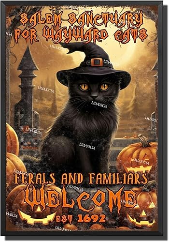 Letrero decorativo de metal Salem Sanctuary for Wayward Cats Cat Halloween para bares, restaurantes, bares, hoteles, zoológicos, cafeterías, 8.00 x