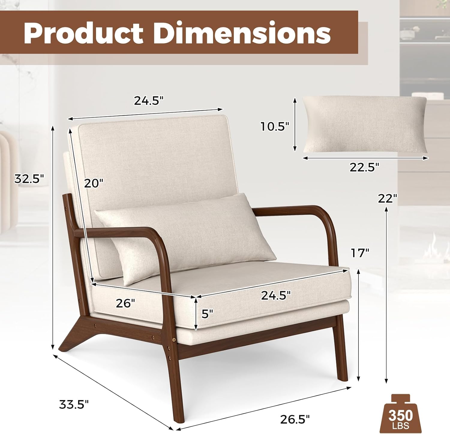 Giantex Mid Century Modern Accent Chair, Upholstered Armchair with Pillow, Rubber Wood Armrests & Legs, Removable Back & Seat Cushions, Comfy Reading Chair for Living Room, Bedroom, Beige