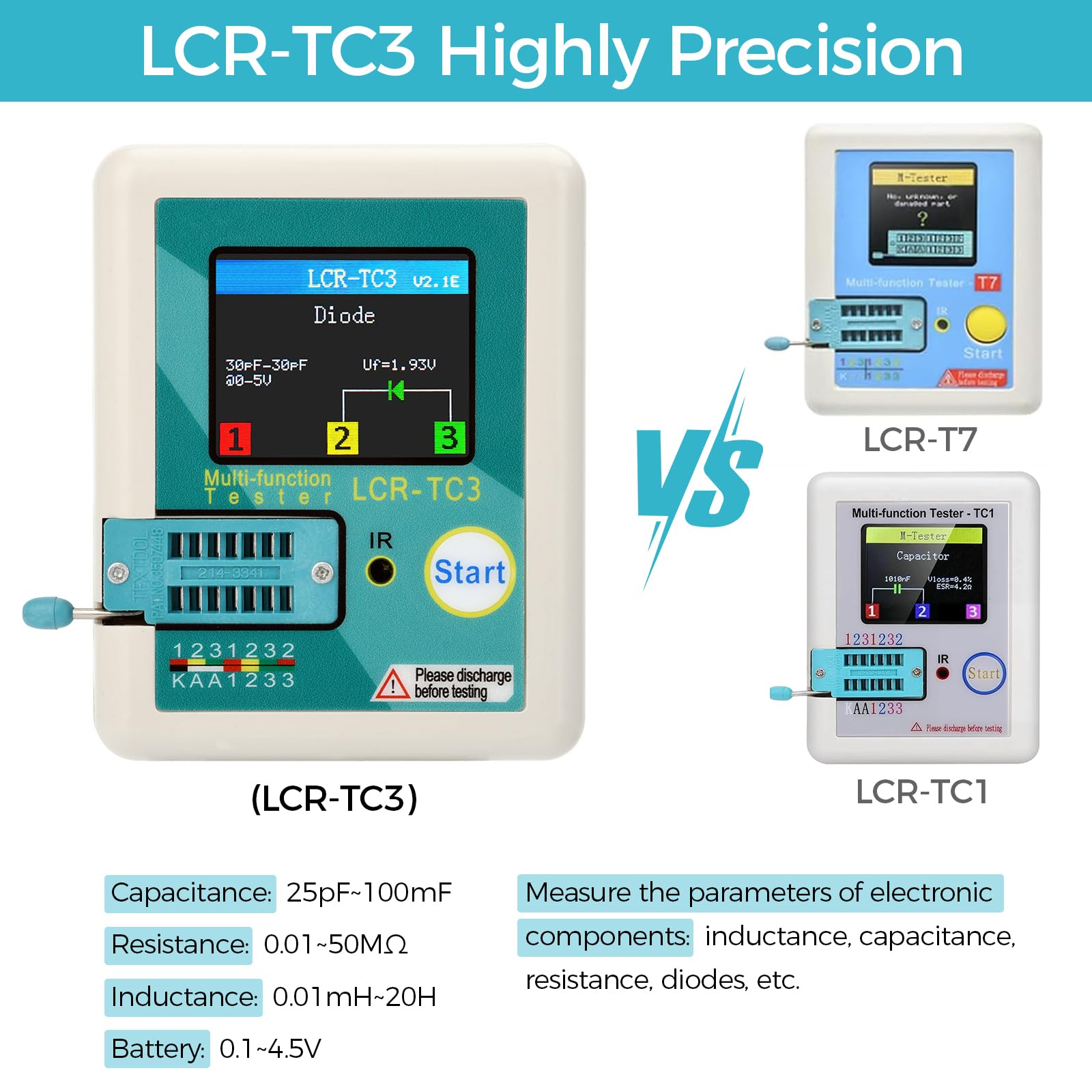 diymore Tester Transistor LCR-T3,Transistor Multifunzione TFT con Funzionamento a un tasto,Display Grafico,Spegnimento Automatico per Diodi Triodici,Resistore,Transistor ESR NPN PNP MOSFET