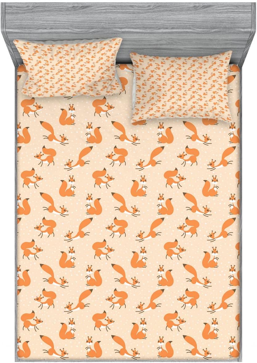 Ambesonne Squirrel Fitted Sheet & Pillow Sham Set, Little Squirrels Under Snowfall Fluffy Rodent Wildlife Winter Time, Decorative Printed 6 Piece Bedding Decor Set, Queen, Peach Orange
