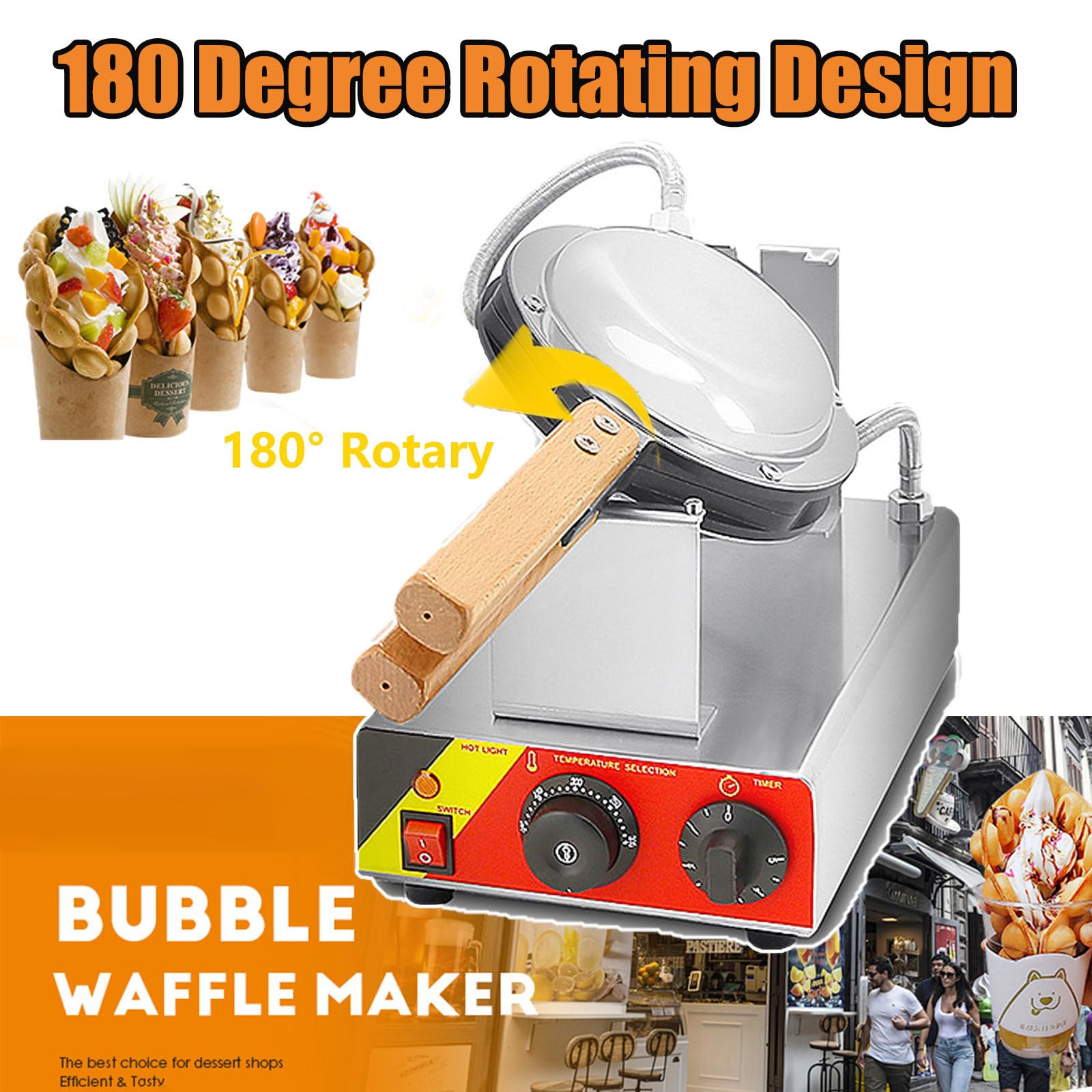 Máquina de Gofre, Gofrera Máquina Burbujas de Acero Inoxidable, Sarten Gofres Girario 180 Grado Máquina de Gofres de Forma Huevo con Mango de para Hacer Bubble Waffles