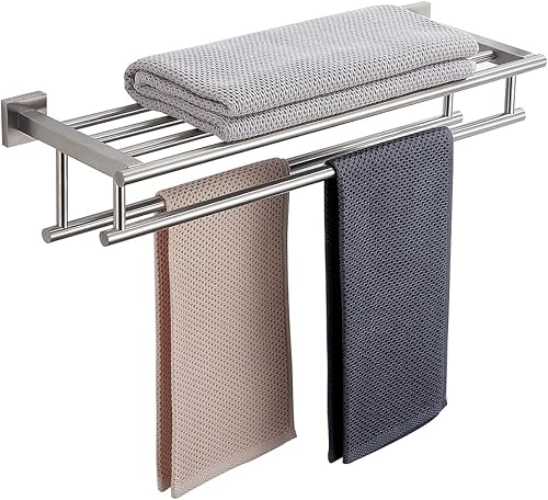 Toallero de baño de 24 pulgadas con barra de toalla doble, toallero dorado cepillado, montado en la pared, acero inoxidable SUS304, toallero de