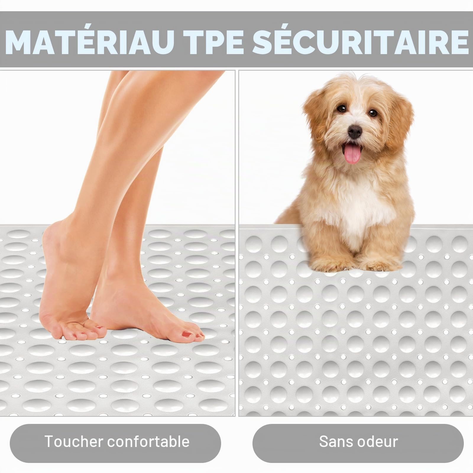 Tapis de douche antidérapant : 120 x 80 cm Tapis de douche extra large pour l'intérieur de cabine de douche - TPE souple long antidérapant anti-moisissure Tapis de douche avec ventouses