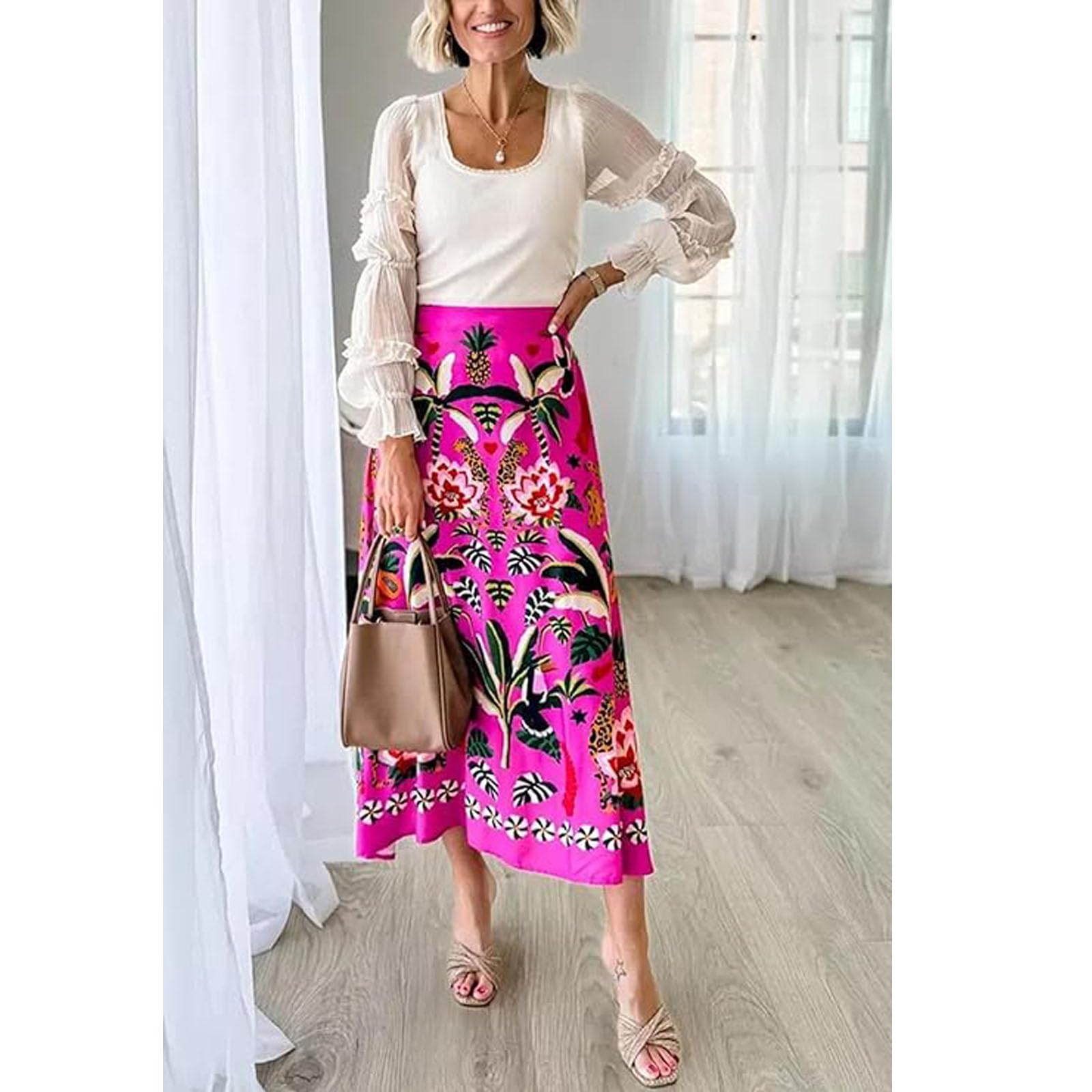 Gonna midi da donna in raso con stampa tropicale floreale con cerniera a trapezio primavera estate boho gonna da viaggio, Rosso rosato, XX-Large