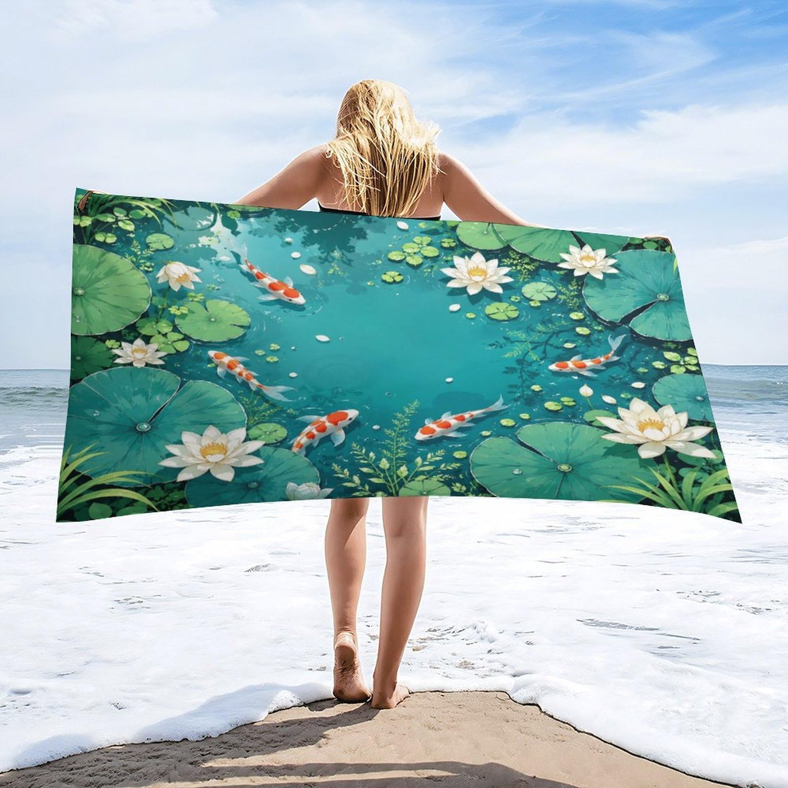 Anceky Koi Fish Lily Pad Pond Beach Towel 30"×60",Soft Microfiber Bath Towel Shawl, Quick Dry Absorbent Pool Spa Gym Shower Towel