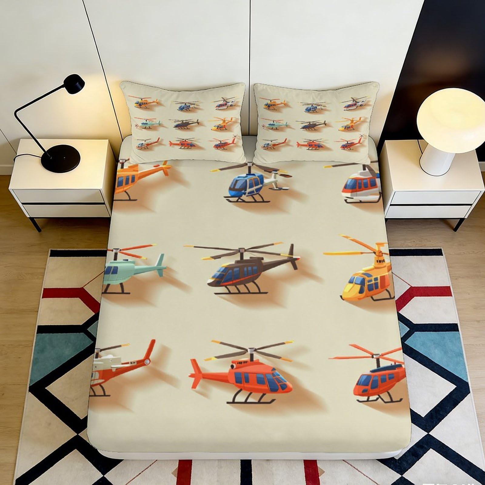 3D Printed Helicopter Pattern Fitted Sheet Microfiber Non Slip Bed Cover for Bedroom Guest Room Machine Washable 90x200x25cm