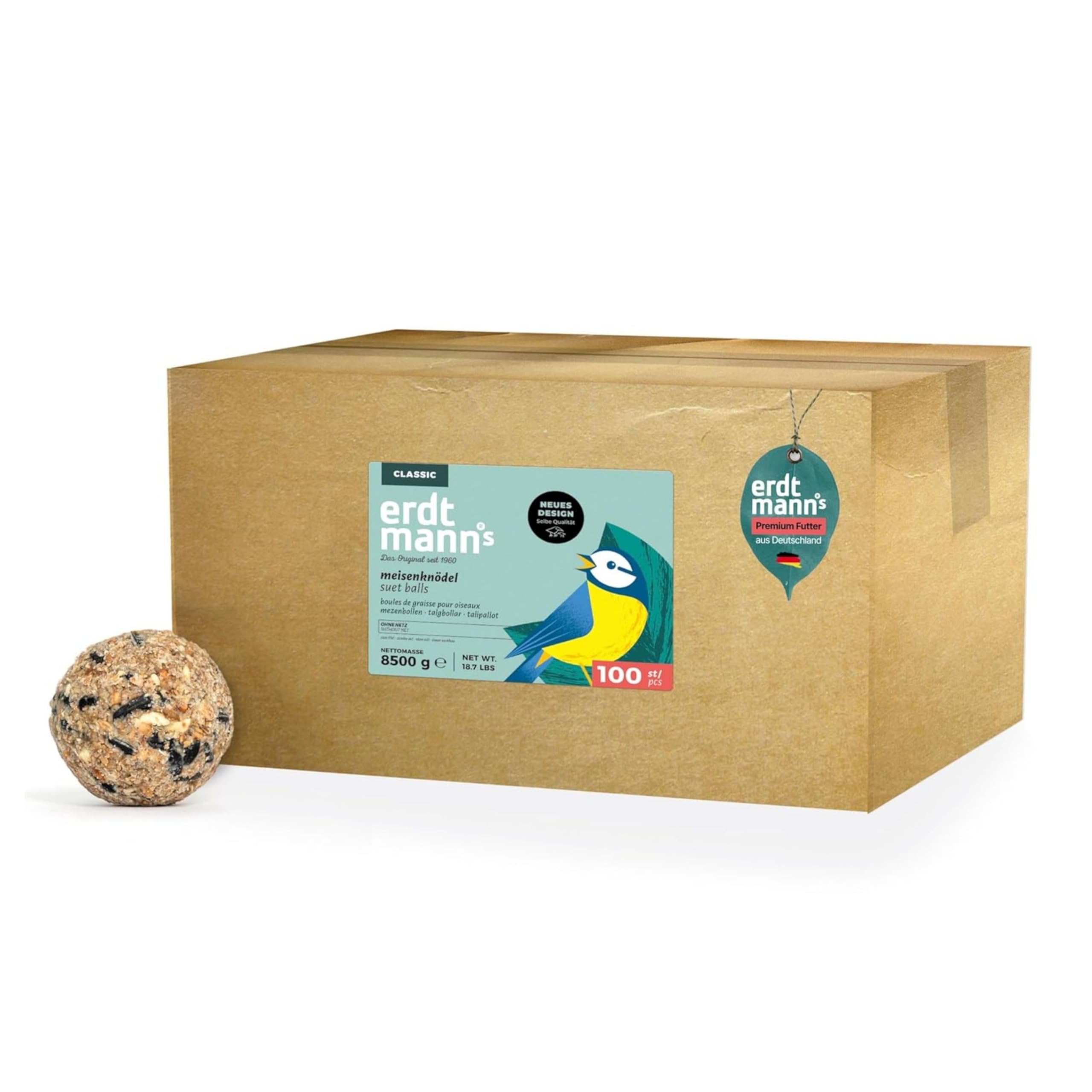 Erdtmanns Meisenknödel ohne Netz 100 Stück 8,5 kg – umweltfreundliches Wildvogelfutter mit Sonnenblumenkernen, Hafer & Talg – Ganzjahresfutter – ohne Plastiknetz & leicht zu verfüttern