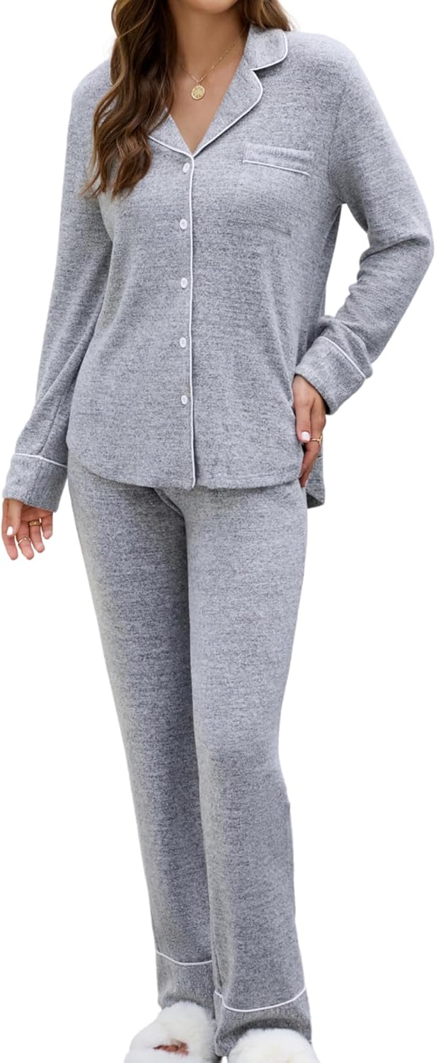 Leikar Button Up Pajama Set For Women Long Sleeve Shirt And Pajama Pants Soft Pjs Lounge Sets - Image 3