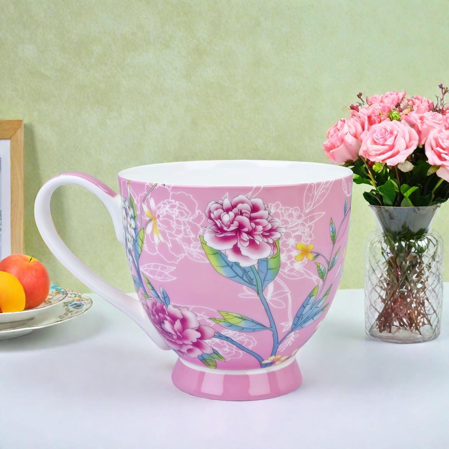 16oz Cute Coffee Mugs for Women Bone China Coffee Mug Cute Mugs Christmas Birthday Gifts for Mom Friends (light pink mug) - Image 6