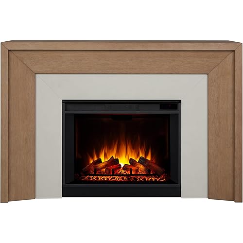 Real Flame Brooks 64” Grand Electric Fireplace with Mantel for Living Room or Bedroom, Replaceable Fireplace Insert Heater, Realistic Log and Flame Effect, Remote Control, Timer (Classic White Oak)