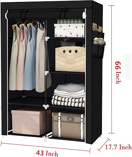 Miniatura 4 de YOUUD Armario de almacenamiento portátil de 43 pulgadas con tela no tejida o tela Oxford y barra para colgar, rápido y fácil de montar, negro