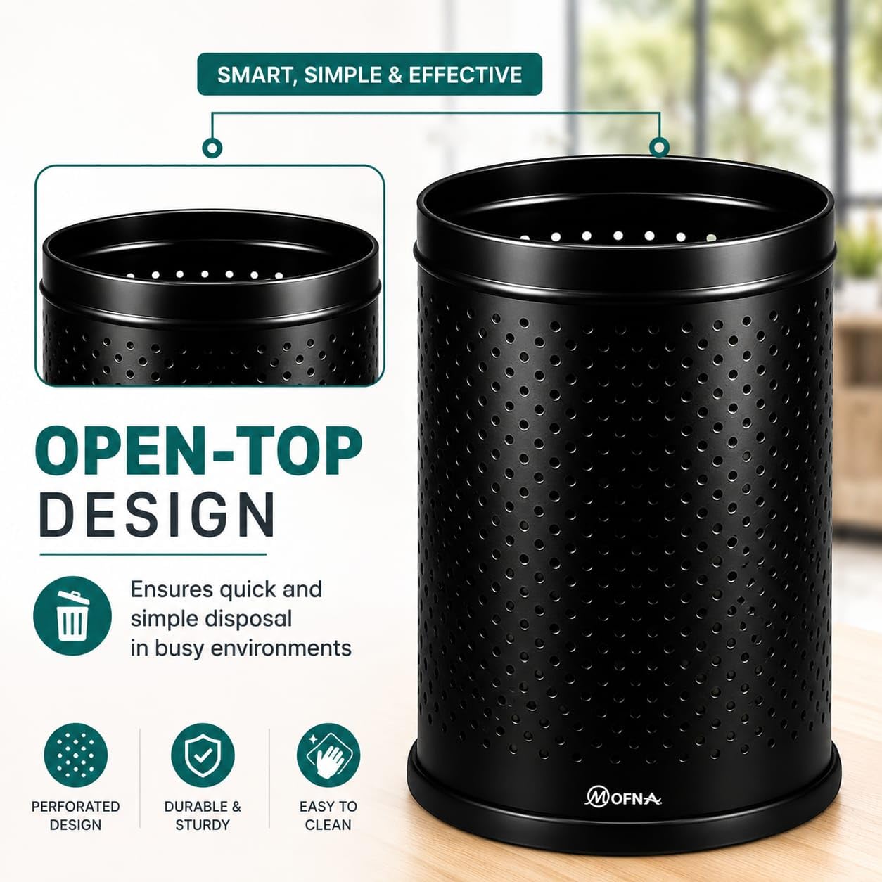 mofna Stainless Steel Perforated Dustbin for Home, Trash Can with Anti-skid Base, Garbage Bin for Bathroom, Office, Bedroom, Kitchen & Toilet or Commercial Use- (7x10 In -6 Liter, Black), Pack of 1 1
