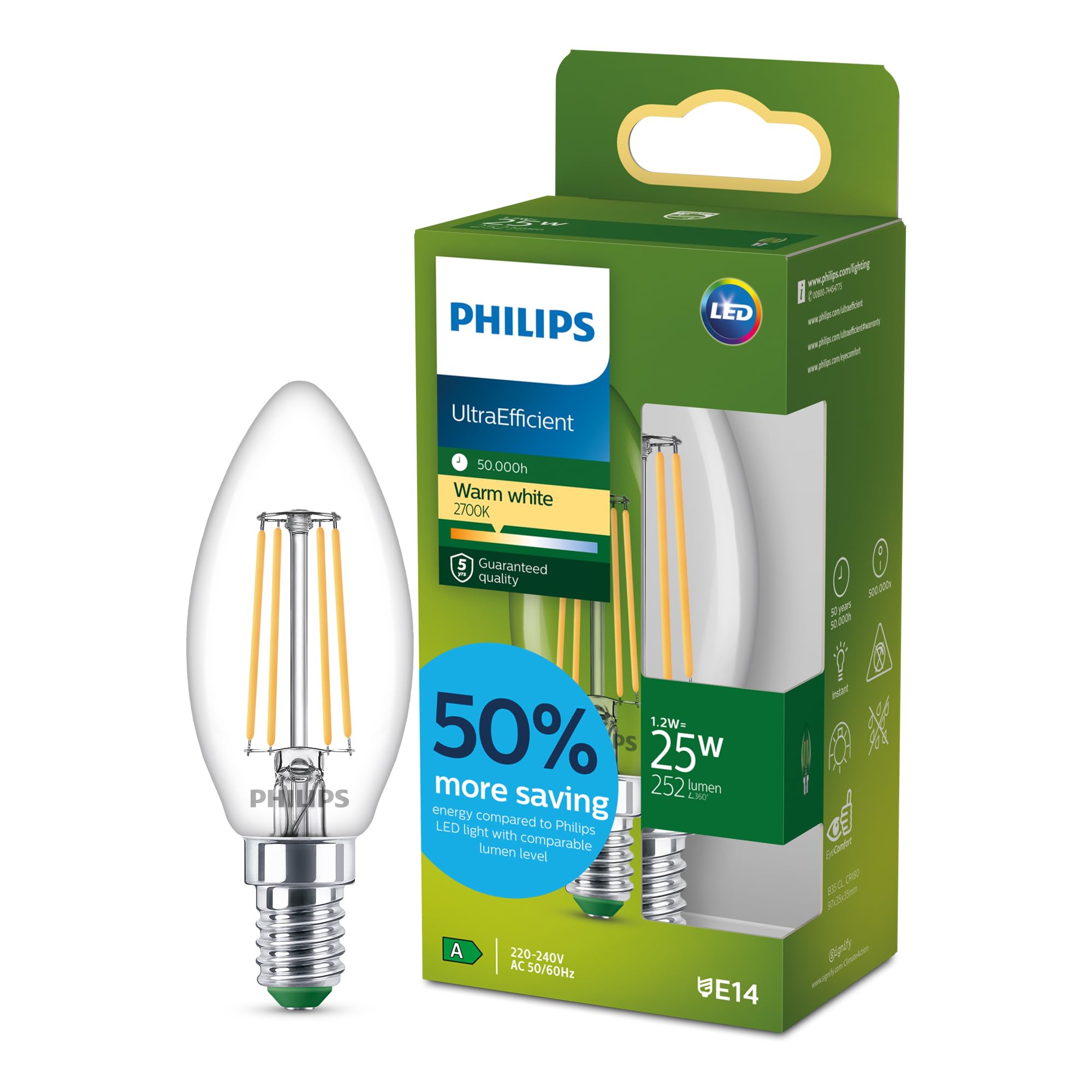 Philips LED UltraEfficient Clear B35 Candle Filament Bulb, E14 Small Edison Screw, Energy Class A, 252 lm, 25W Equivalent, Warm White (2700K), EyeComfort, 50,000 Hours, 1 Pack