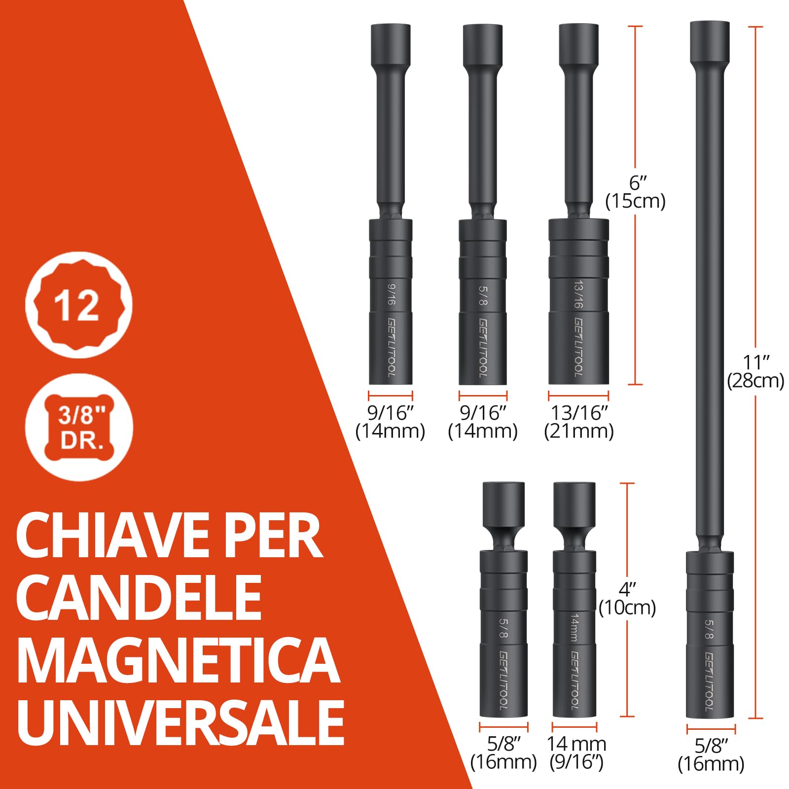 GETLITOOL Set 6pz Chiavi Candele 14/16 mm con Adattatore 1/2" a 3/8" e Spessimetro, 6X Bussole Lunghe per Candelette Auto 10/15/28 cm Chiave Magnetica Girevole 360° in CVR con Valigetta