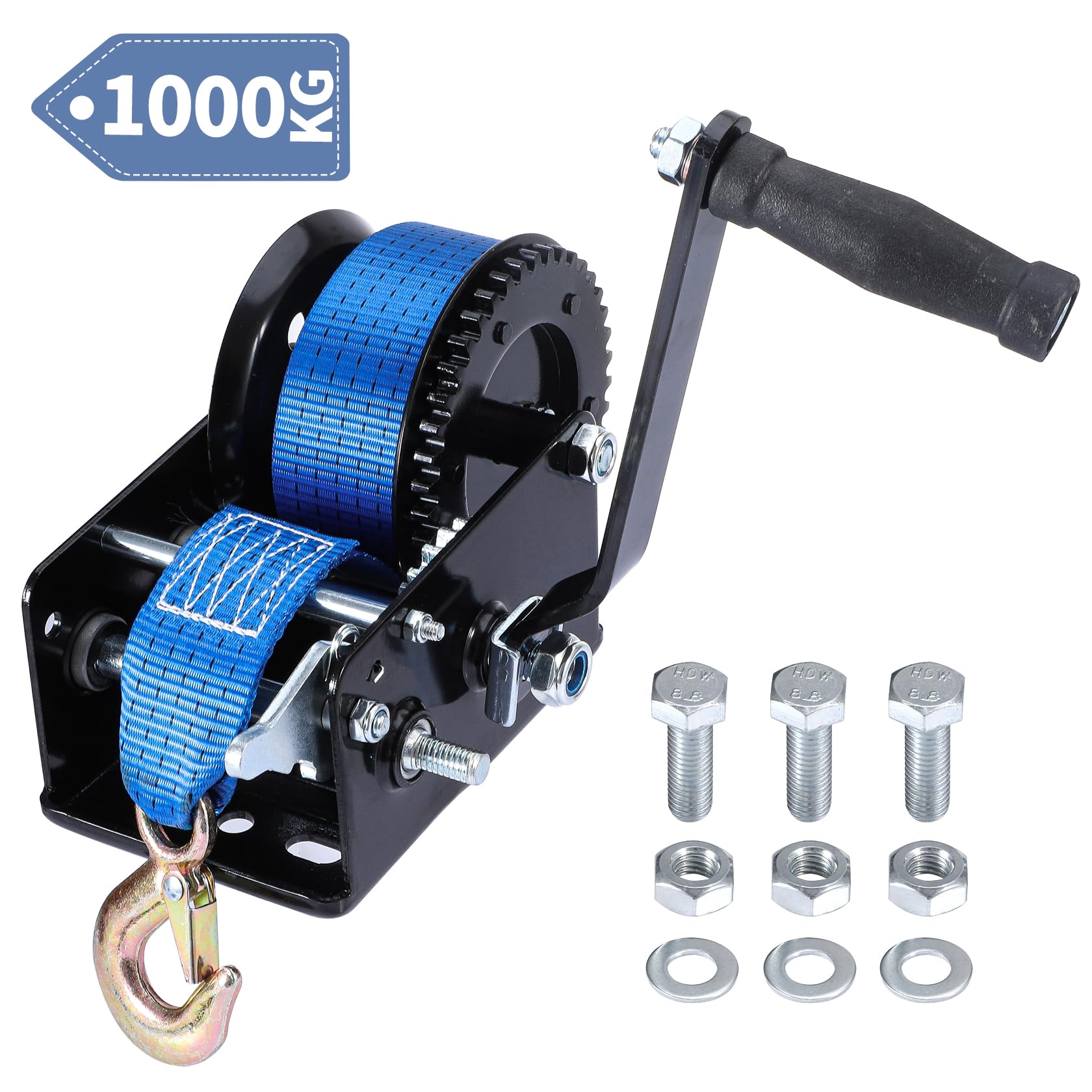 Pindex Verricello Manuale con Cinghia 10 M, Argano a Mano 1000 Kg con Cinghia, Verricello per Barca, Verricello a Mano con Blocco di Ritorno per Officina, Garage, Rimorchi, Dinghi, Legno