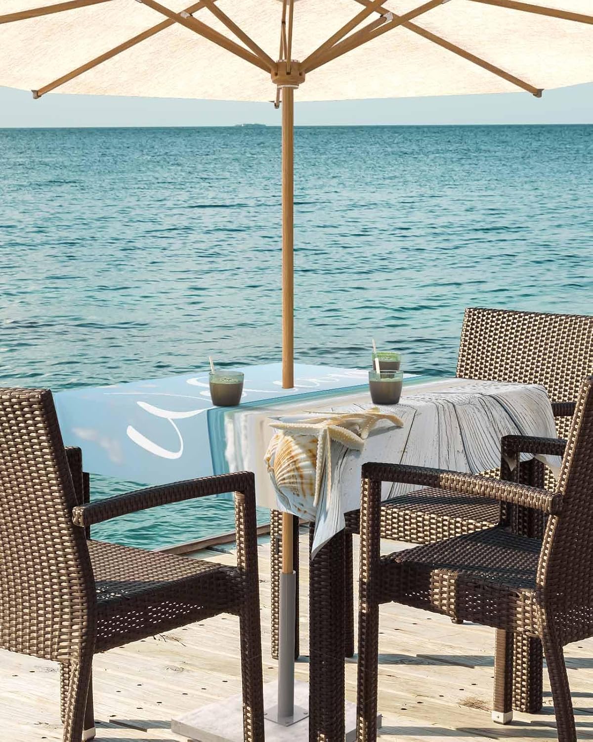 Outdoor Tablecloth with Umbrella Hole and Zipper 60" Square Summer Ocean Beach Boardwalk Starfish Shells Water Repellant Table Cover Tabletop Collection for Party Patio Picnic