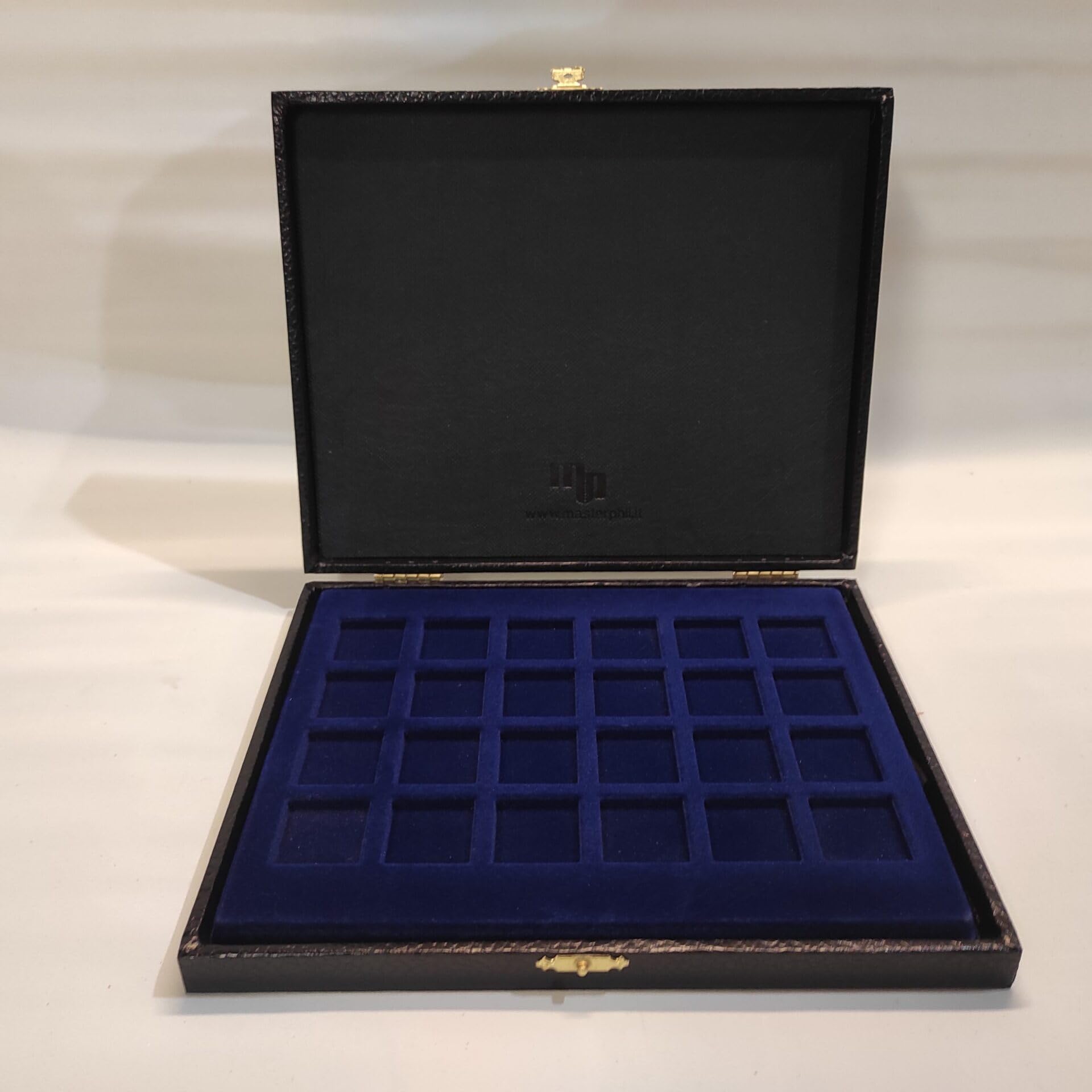 Bandeja para Monedas de colección 24 Compartimentos 27x27 mm, similpiel Azul, Interior Suave, Artesanal Hecha a Mano en Italia – numismática