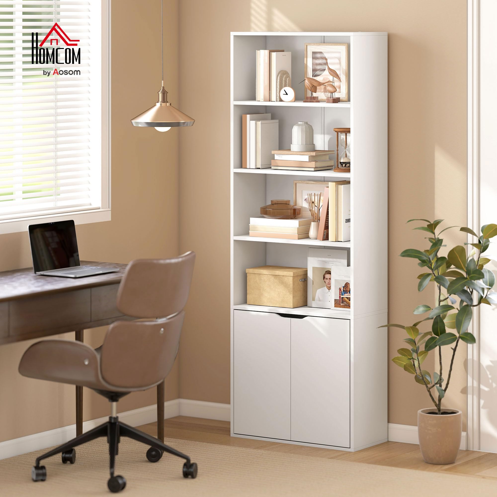 HOMCOM Estantería para Libros de 6 Niveles, Librería con 2 Puertas, 4 Estantes Abiertos, Armario Alto para Salón, Estudio, Oficina, 59x29x180 cm, Blanco