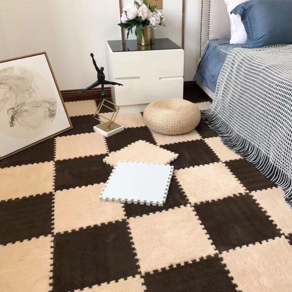 Puzzlematte Schaumstoff-Puzzle-Bodenmatte, Packung mit 10 ineinandergreifenden Plüschschaum-Puzzle-Bodenmatten, 30 x 1 cm, Mehrfarbig(Brown Beige)