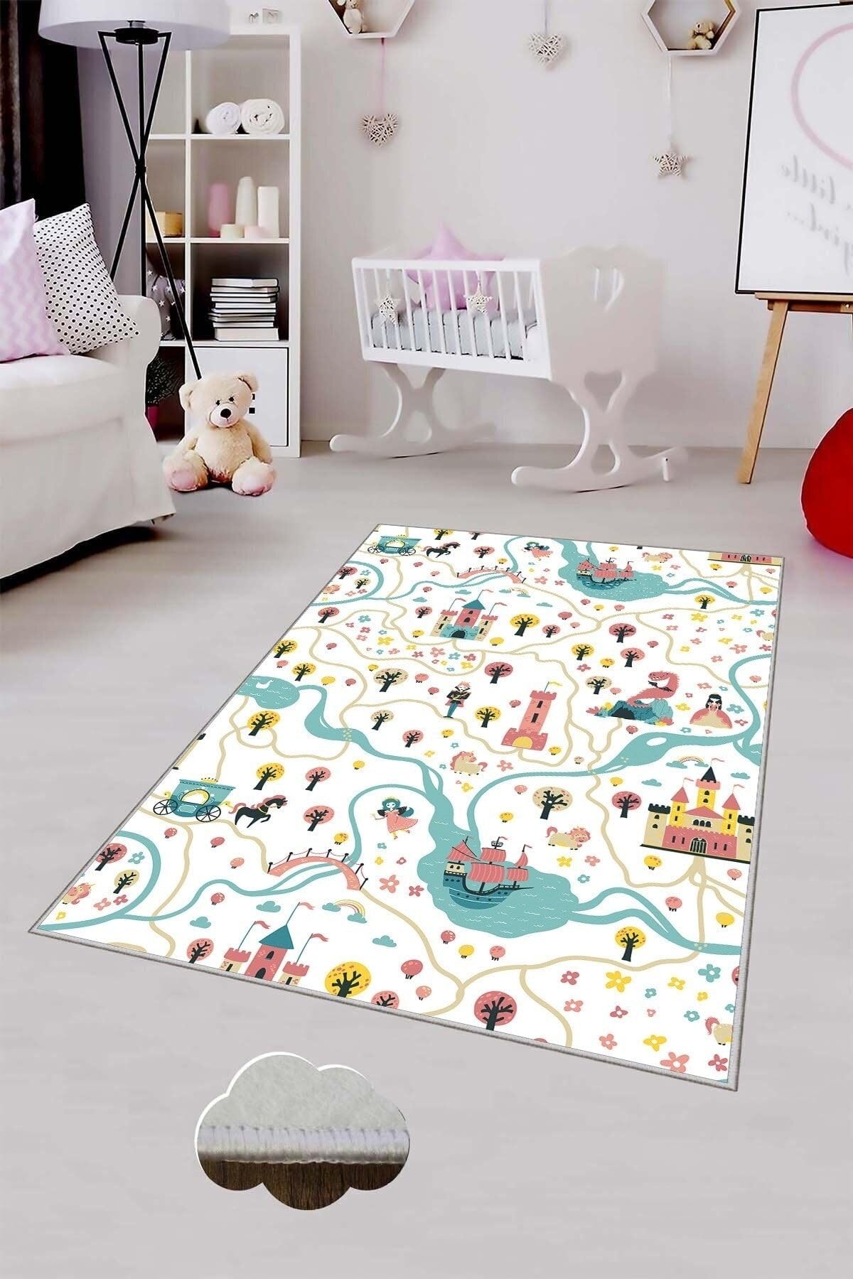 Pelangi Beyaz Şato Desenli Yıkanabilir Kaymaz Taban Leke Tutmazbebek Ve Çocuk Odası Halısı, Beyaz-Mavi 120 x 160
