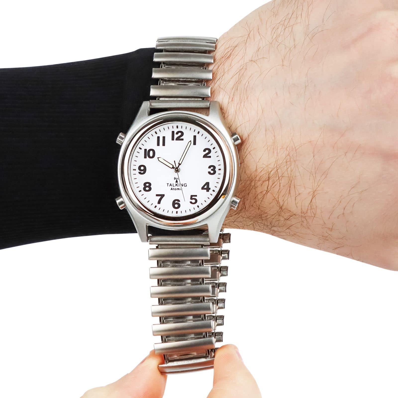 Talking Atomic Silver Reloj elástico | Reloj de pulsera parlante audible transparente con números grandes | Correa de acero elástico de plata inoxidable expandible | Anuncia hora y fecha | Diseño