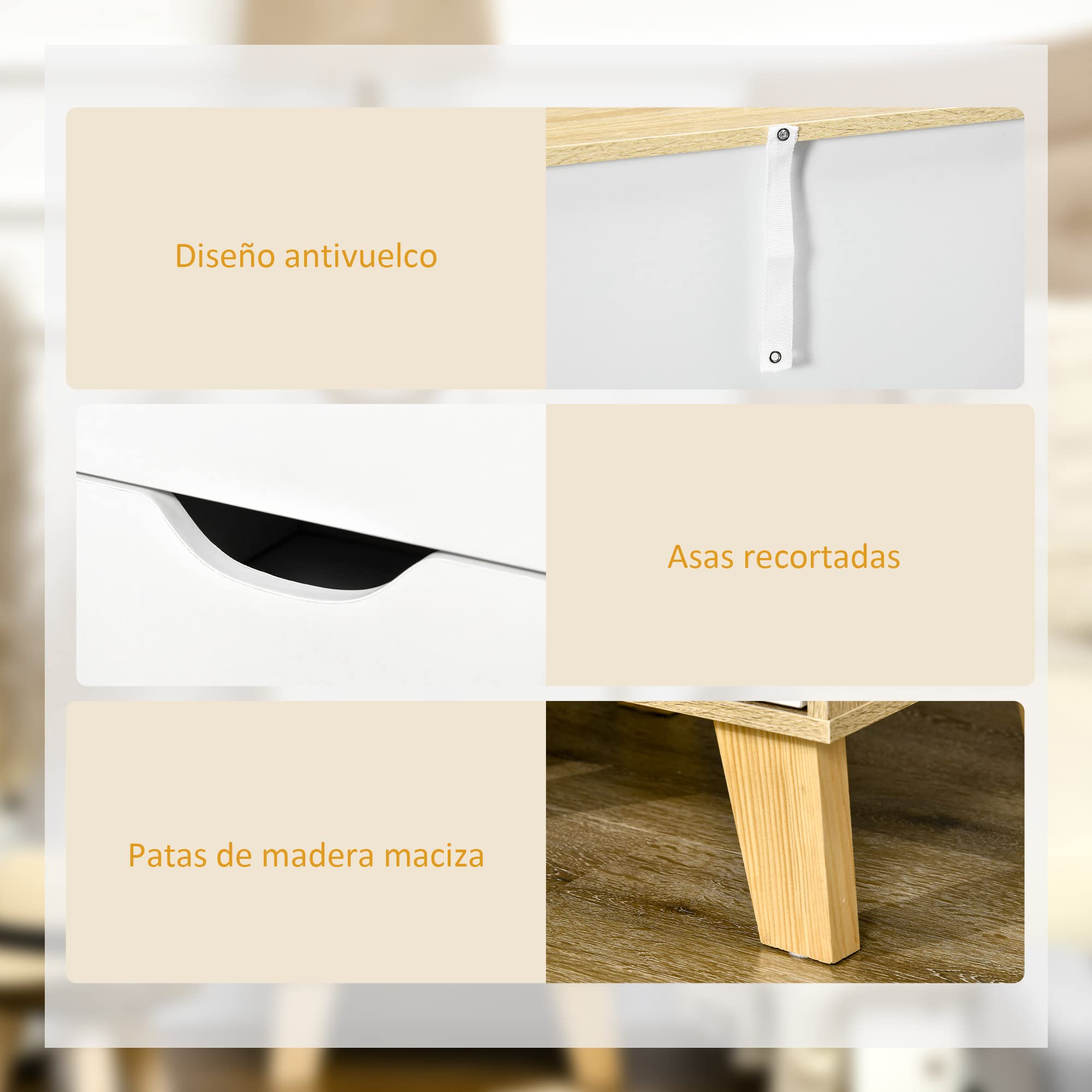 HOMCOM Cómoda con 3 Cajones Base Elevada 40x35x68,5 cm Natural y Blanco